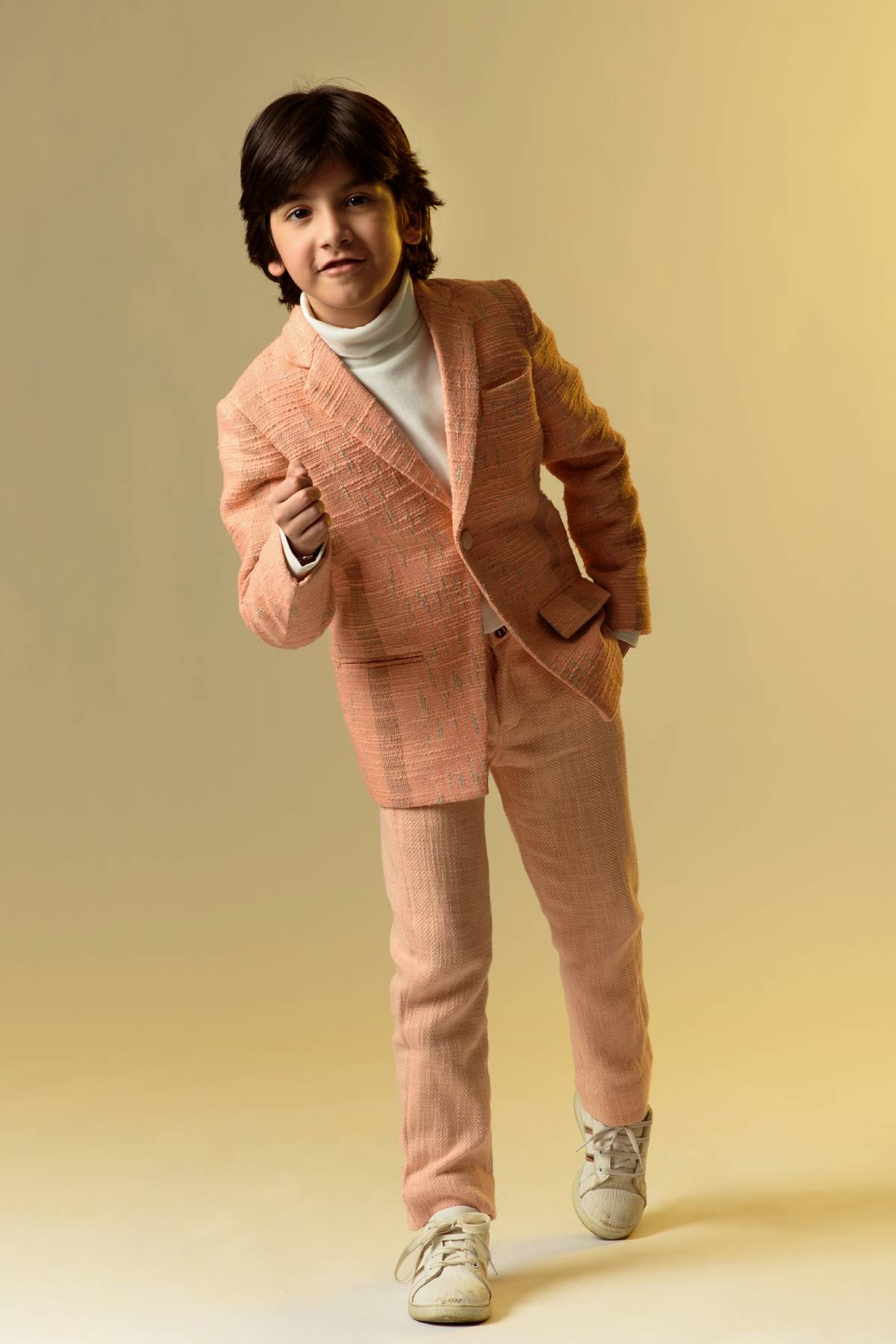 Buy Kids Designer Littleens Self weaved tailored jacket with notched lapels, decorative flap pockets at front and lined with organic cotton fabric Online at ScrollnShops